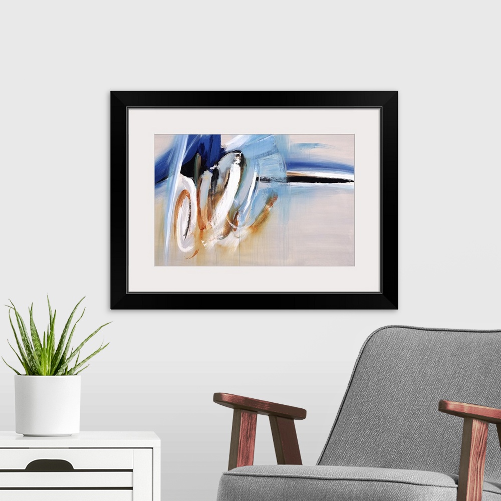A modern room featuring Large abstract painting with loopy brushstrokes on the left side and horizontal curved brushstrok...