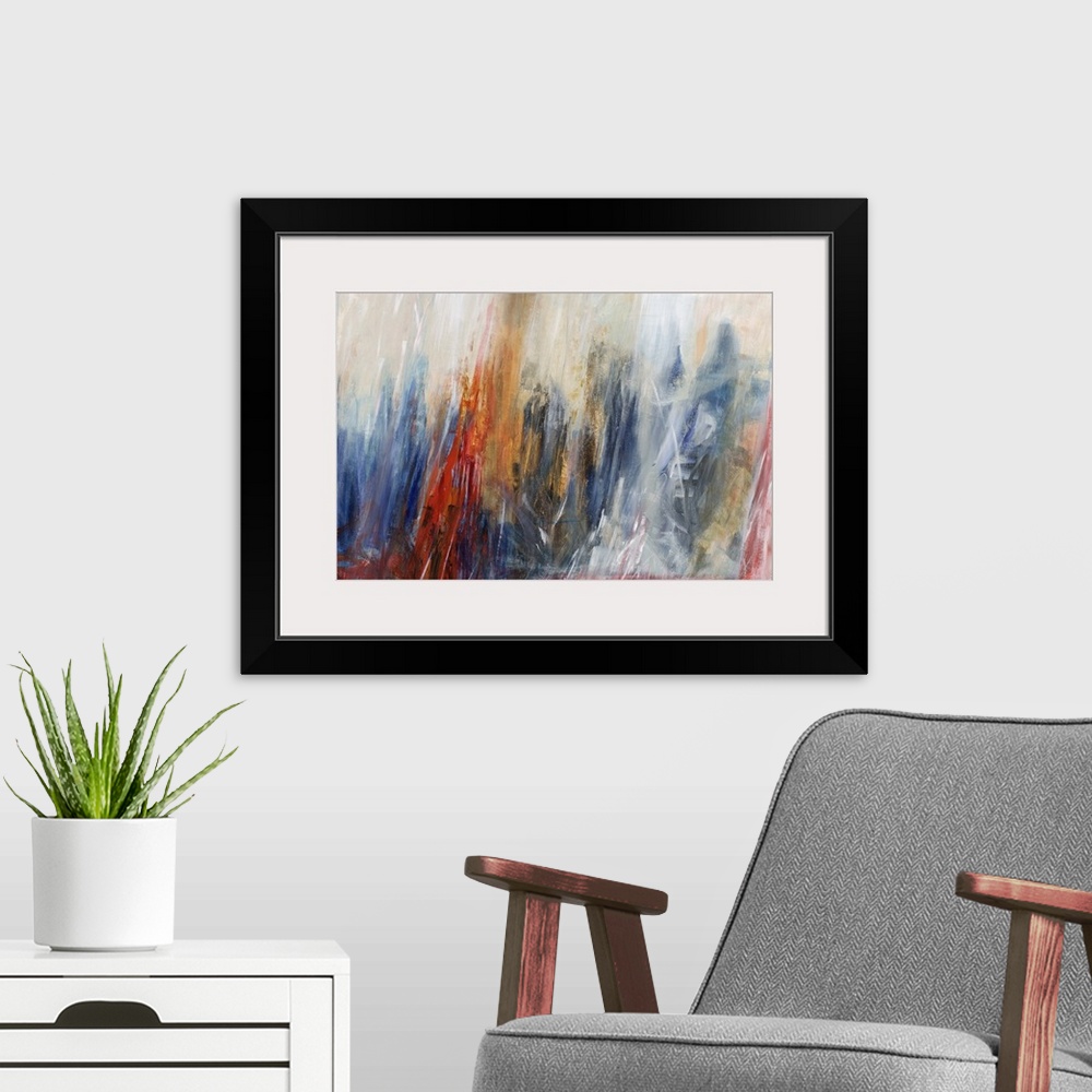 A modern room featuring Abstract painting using vibrant colors in downward stroking motions to create movement.