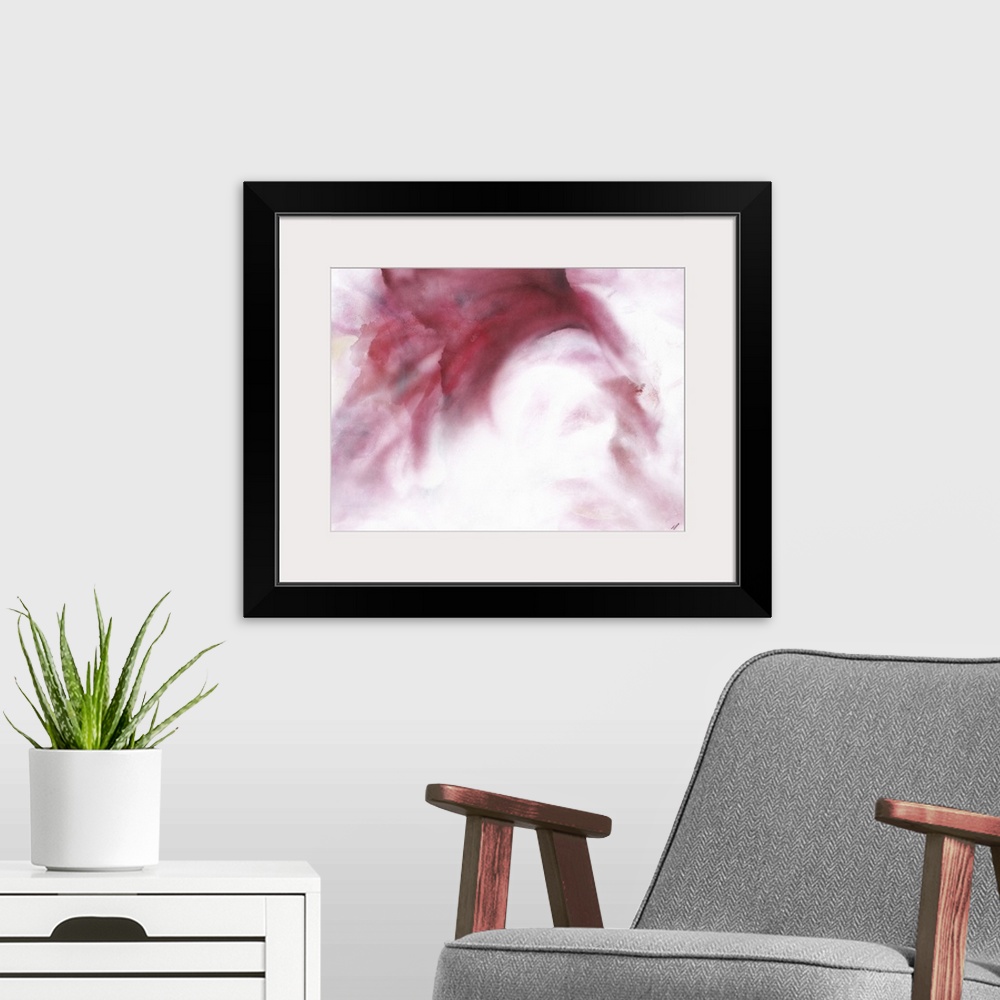A modern room featuring Large artwork of a swooping red mist fading to white.