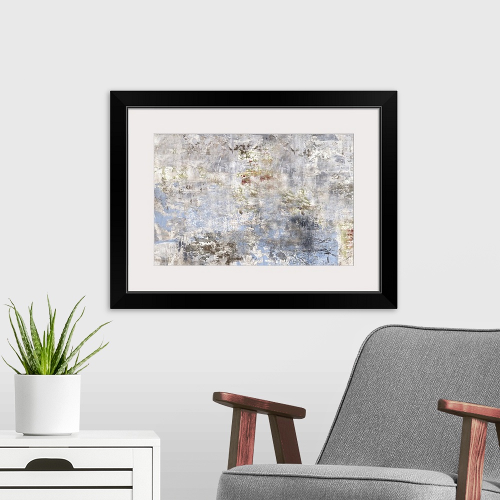 A modern room featuring Abstract painting of a textured design in shades of white and light gray with accents of gold thr...