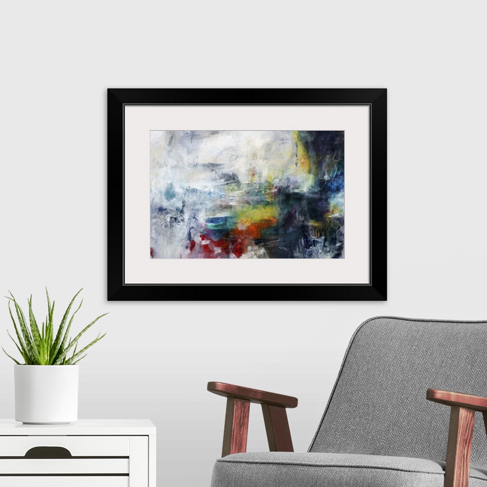 A modern room featuring Contemporary abstract painting using a spectrum of dark colors being enveloped by neutral tones.