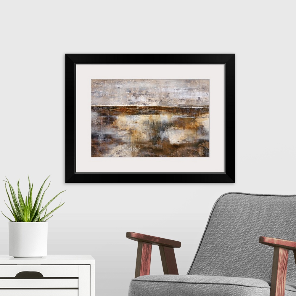 A modern room featuring Contemporary abstract painting in varying shades of earthy brown and grey.