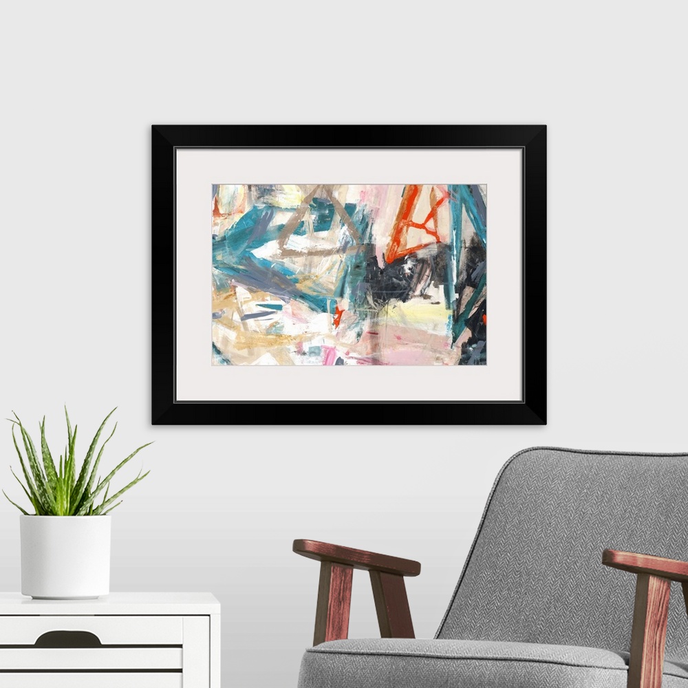 A modern room featuring Large abstract painting with angled brushstrokes created with vibrant hues all over the canvas.