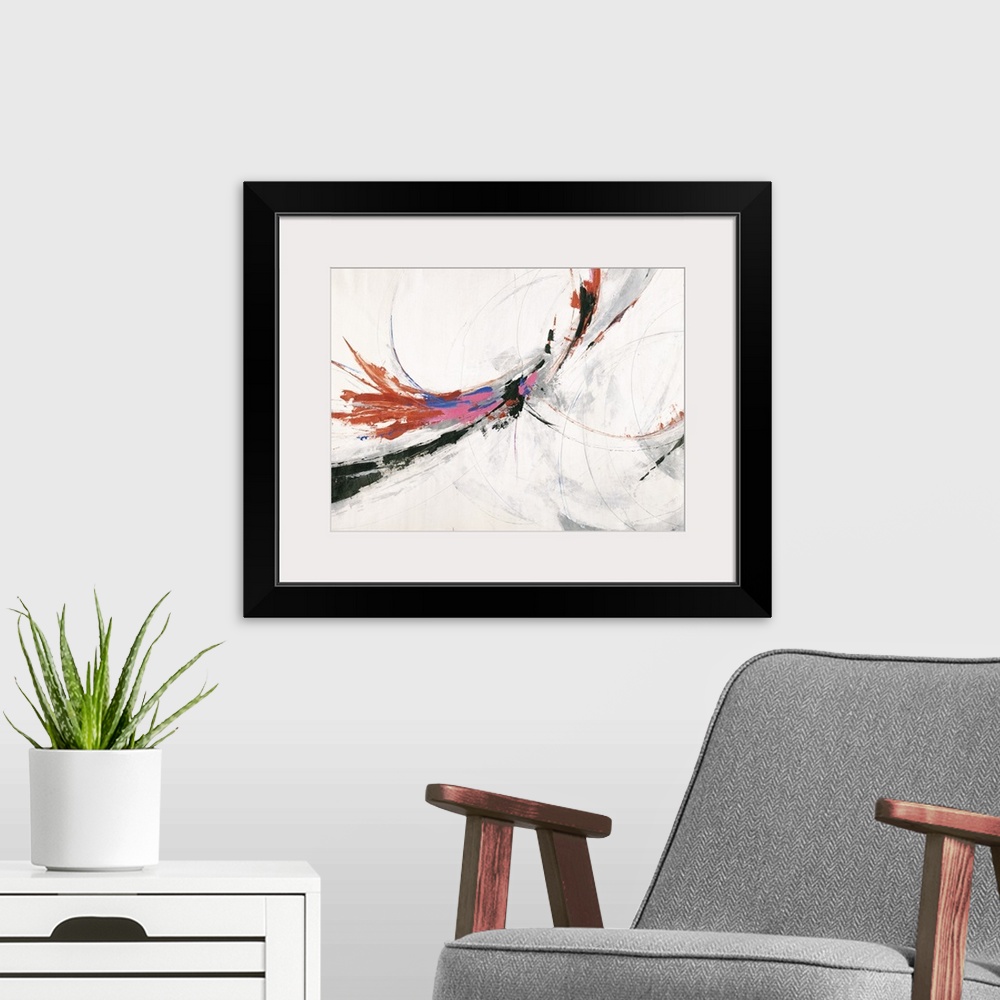 A modern room featuring Abstract art work with curves lines in pink, blue, black, and orange hues on a gray and white bac...