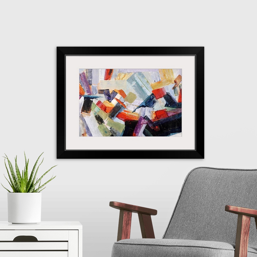 A modern room featuring Large abstract painting with thick, angled, brushstrokes of color moving in all directions and la...