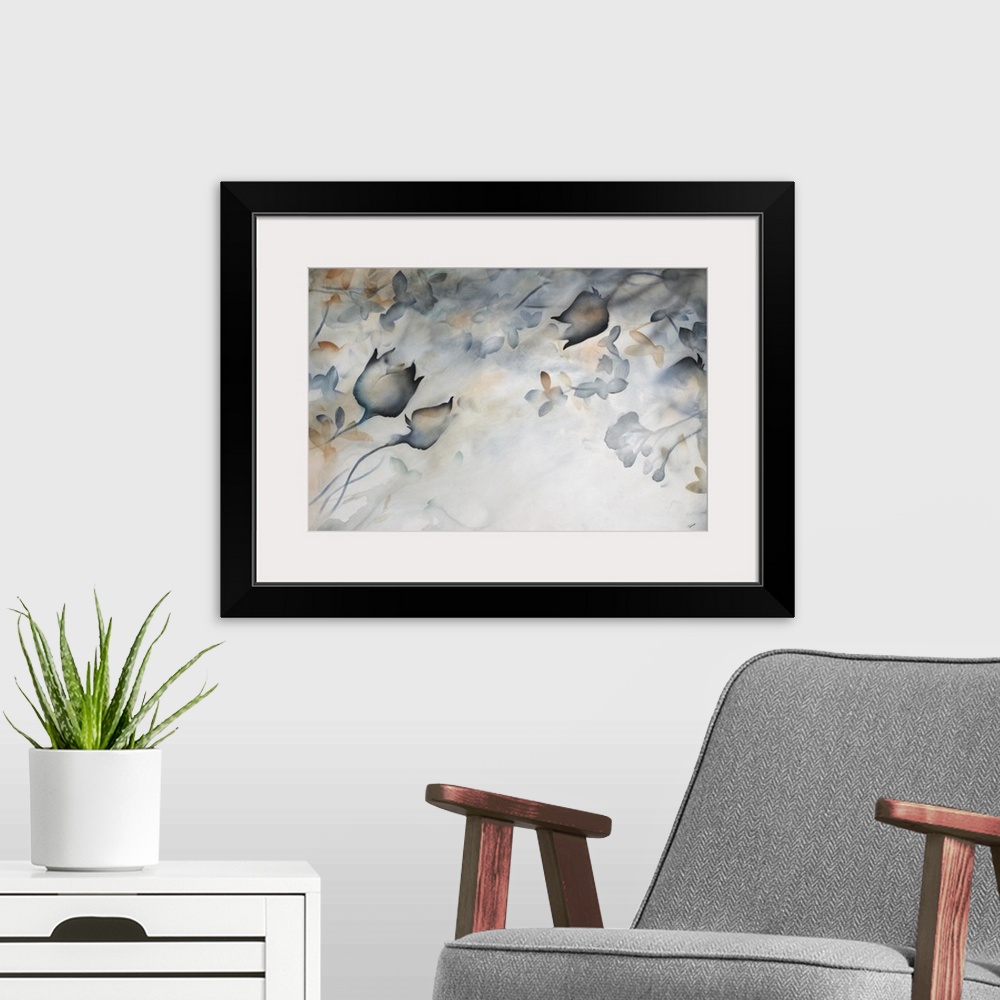 A modern room featuring Watercolor painting of flower blooms and leaves fading into the background.