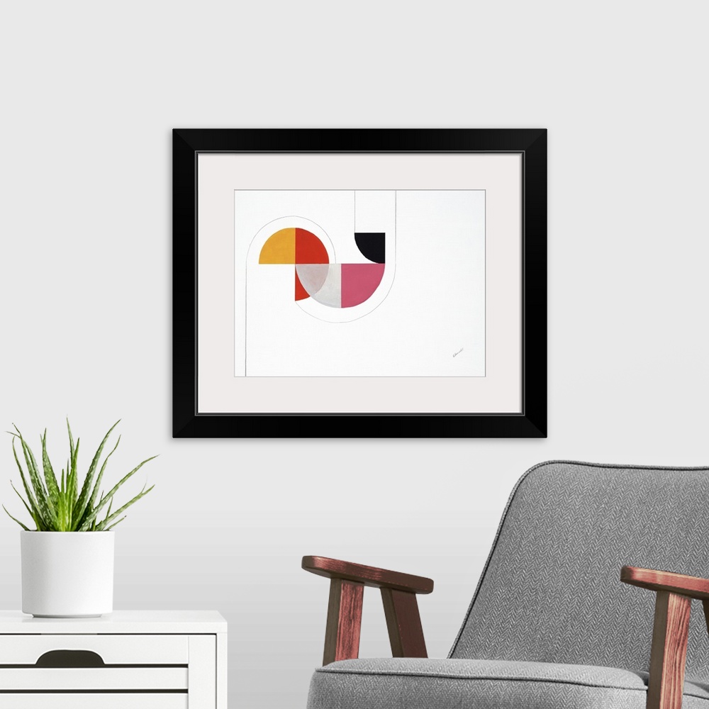 A modern room featuring A simple painting of geometric shapes in a curve of warm colors of orange and yellow.