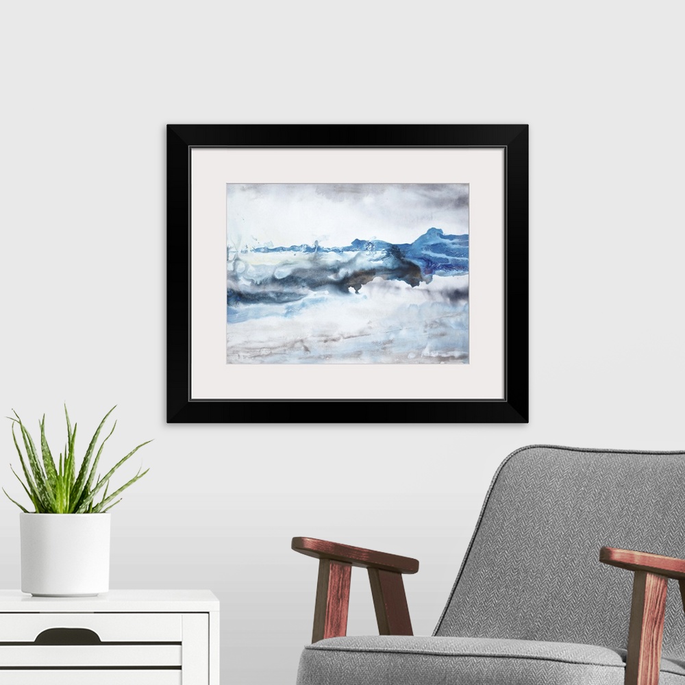 A modern room featuring Contemporary abstract painting in flowing blue and grey tones, resembling waves crashing against ...