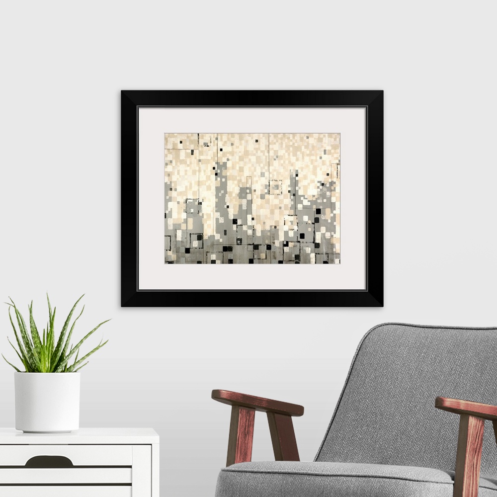 A modern room featuring Huge abstract art includes a variety of different sized small squares and rectangles layered on t...