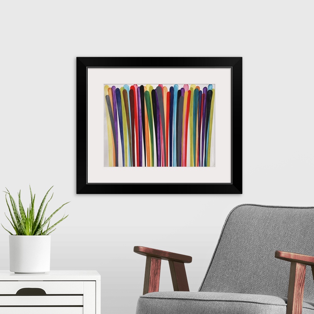A modern room featuring Large abstract painting with colorful lines layered on top of each other with circular tips on a ...