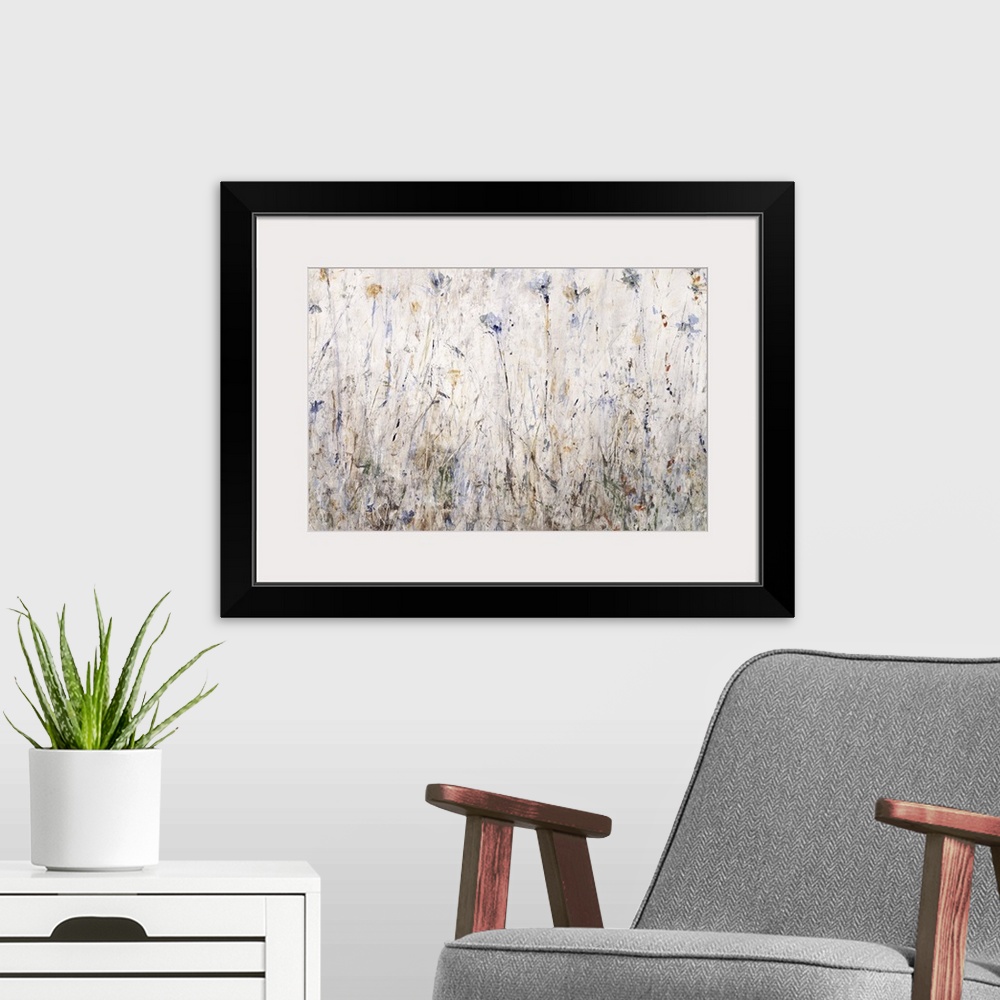 A modern room featuring Abstract painting filled with thin brushstrokes in all directions with shades of blue, brown, gre...