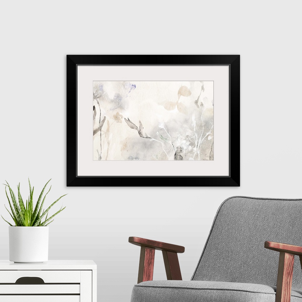 A modern room featuring Contemporary abstract painting of several leafy plants in pale grey tones.