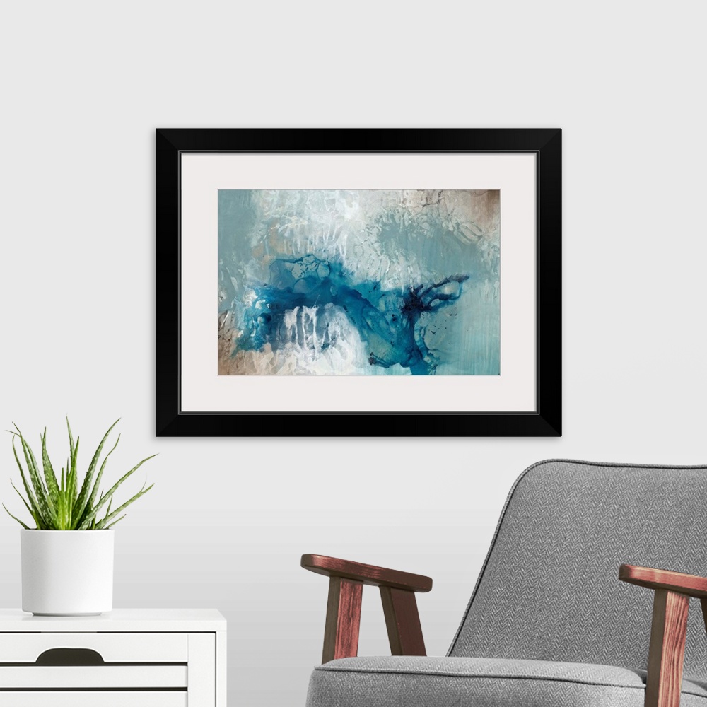 A modern room featuring Abstract painting dark teal splattered against a pale blue toned background.