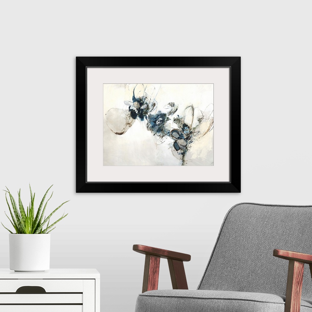 A modern room featuring Contemporary abstract painting using dark tones.