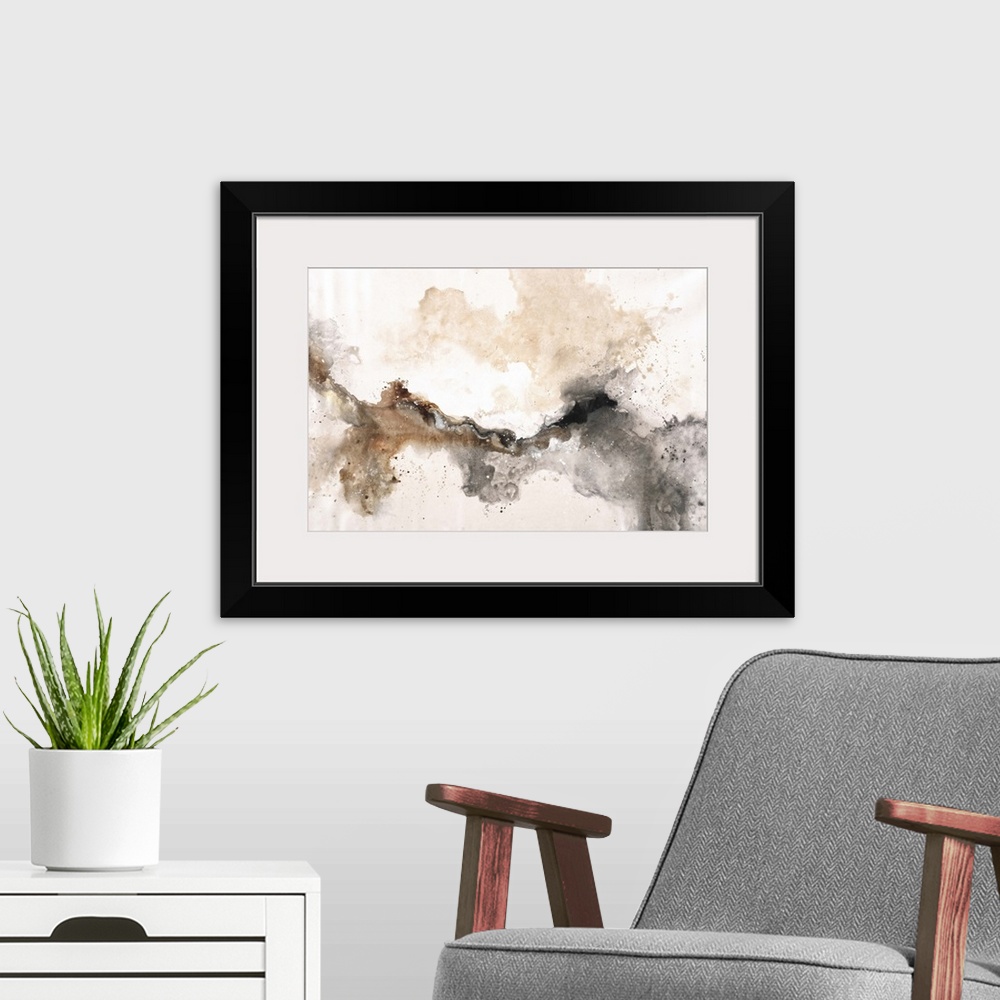 A modern room featuring Contemporary abstract painting in earthy tones of brown and grey.