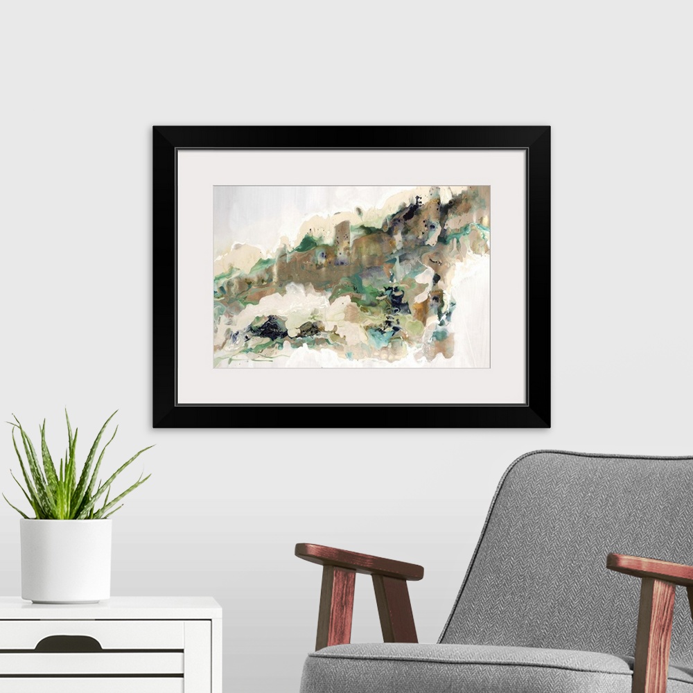 A modern room featuring Contemporary abstract painting with brown and emerald shades on white.