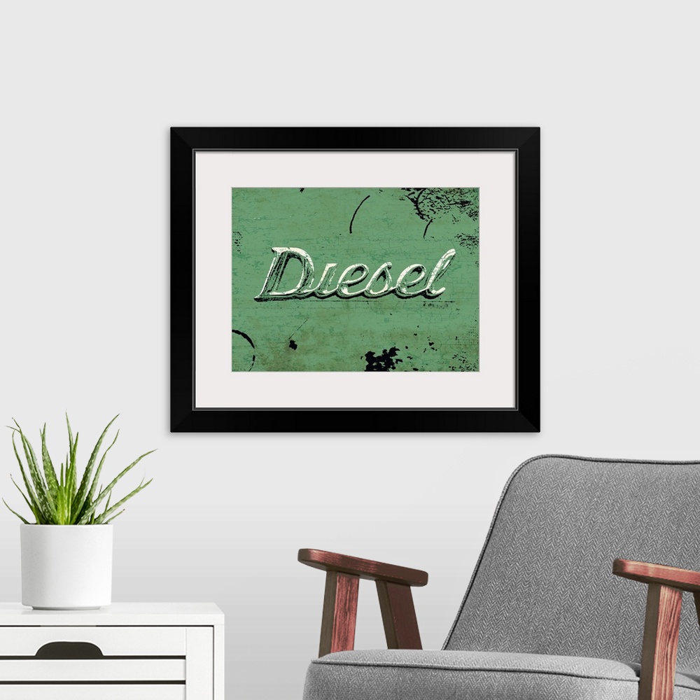 A modern room featuring Graphic rusty wall art of distressed typography with the the word DIESEL large and in center on a...