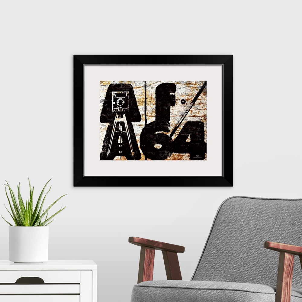 A modern room featuring f64 aperture chunky and bold typography with an illustrated 8x10 camera in the letters AA which s...