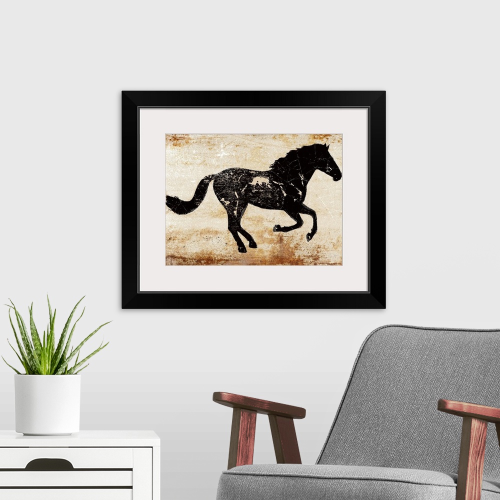 A modern room featuring Galloping black horse profile on a textured rust background.