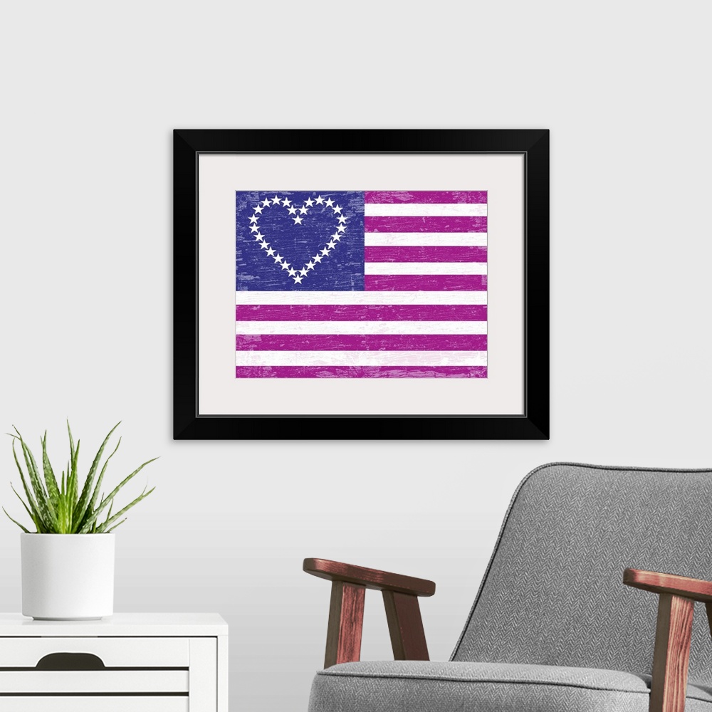 A modern room featuring American flag with the stars in the shape of a heart in pink and stripes in violet