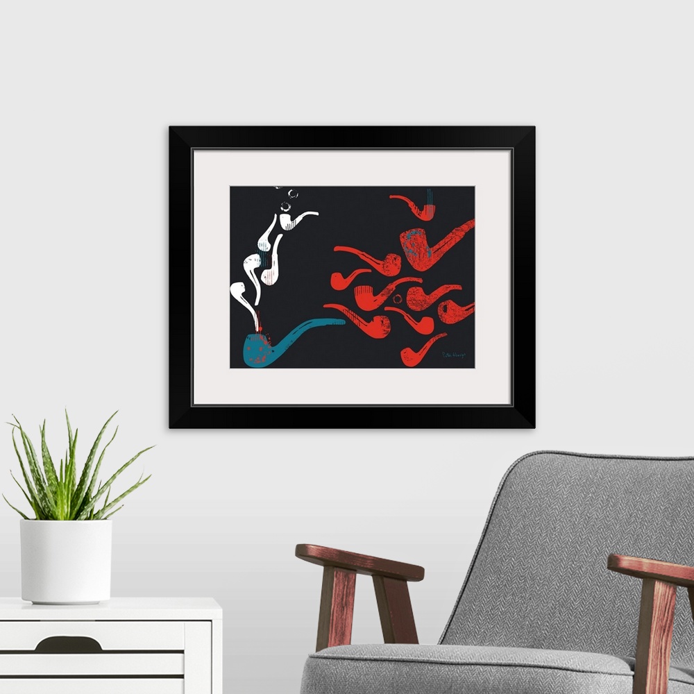 A modern room featuring Smoking pipes graphic art pattern in red, white and blue on black background.