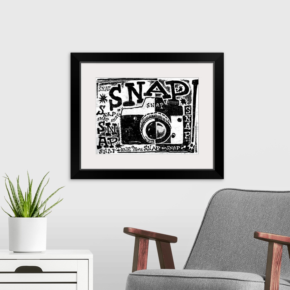 A modern room featuring Black and white stylized illustrated camera with the word “Snap!” repeated all over.