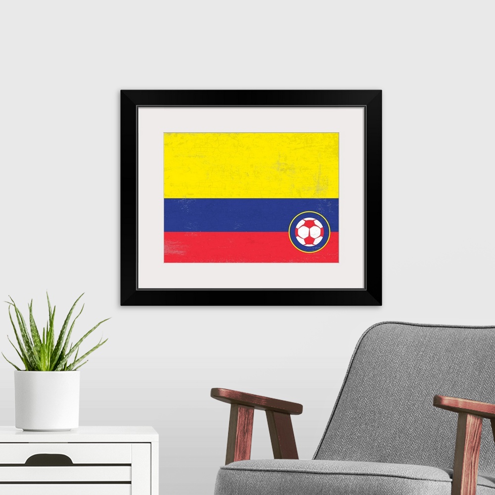 A modern room featuring Flag of Columbia with soccer crest with soccer ball.