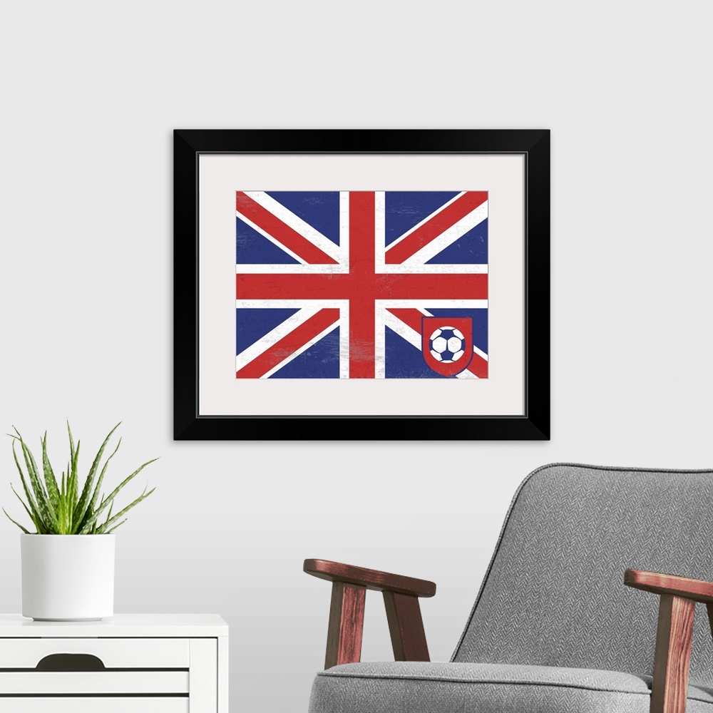 A modern room featuring Flag of England with soccer crest with soccer ball.