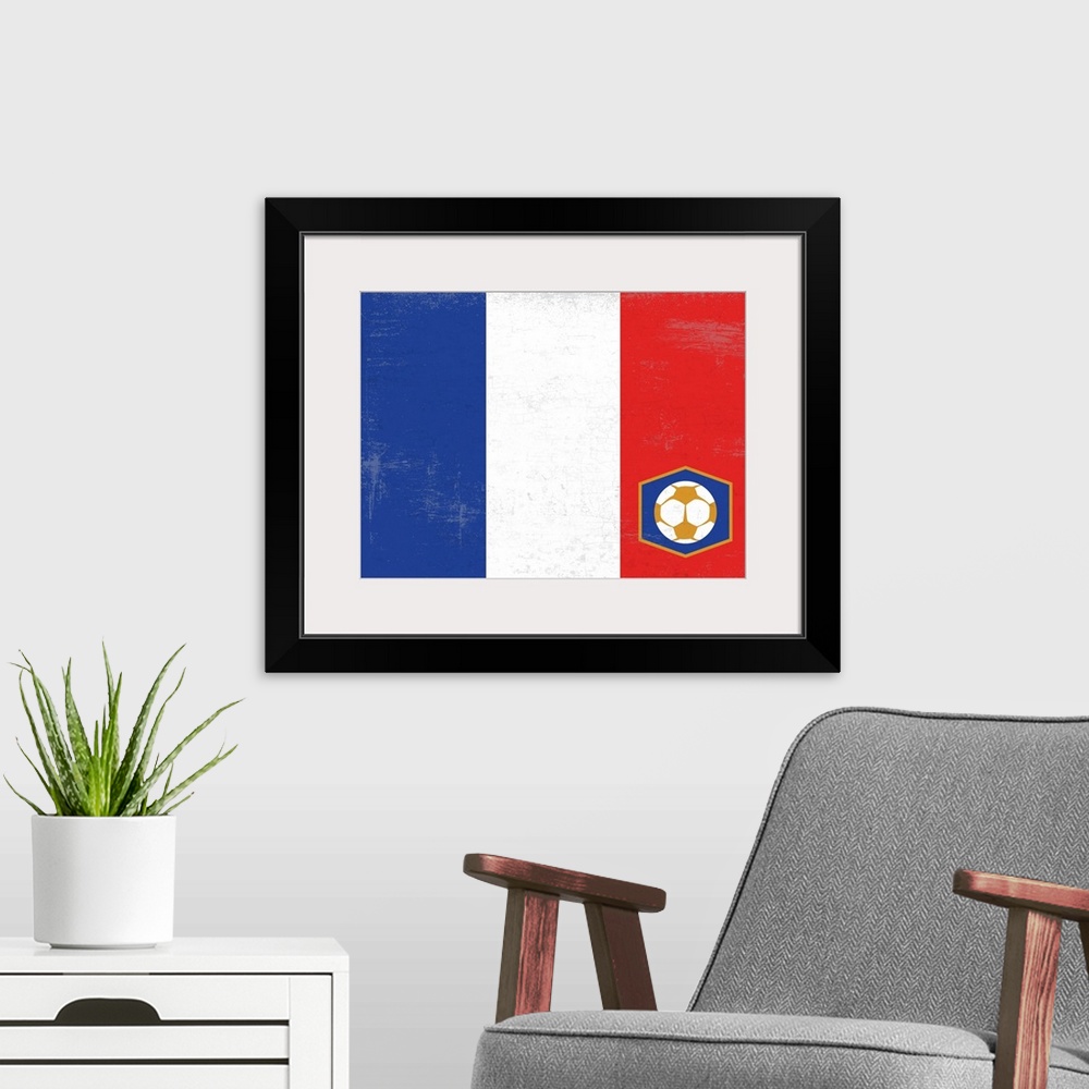 A modern room featuring Flag of France with soccer crest with soccer ball.