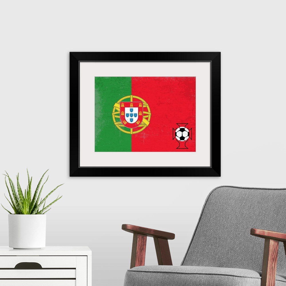 A modern room featuring Flag of Portugal with soccer crest with soccer ball.