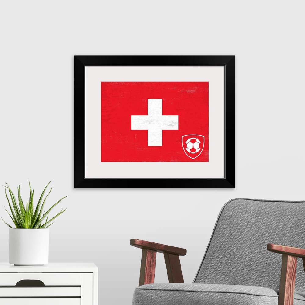 A modern room featuring Flag of Switzerland with soccer crest with soccer ball.