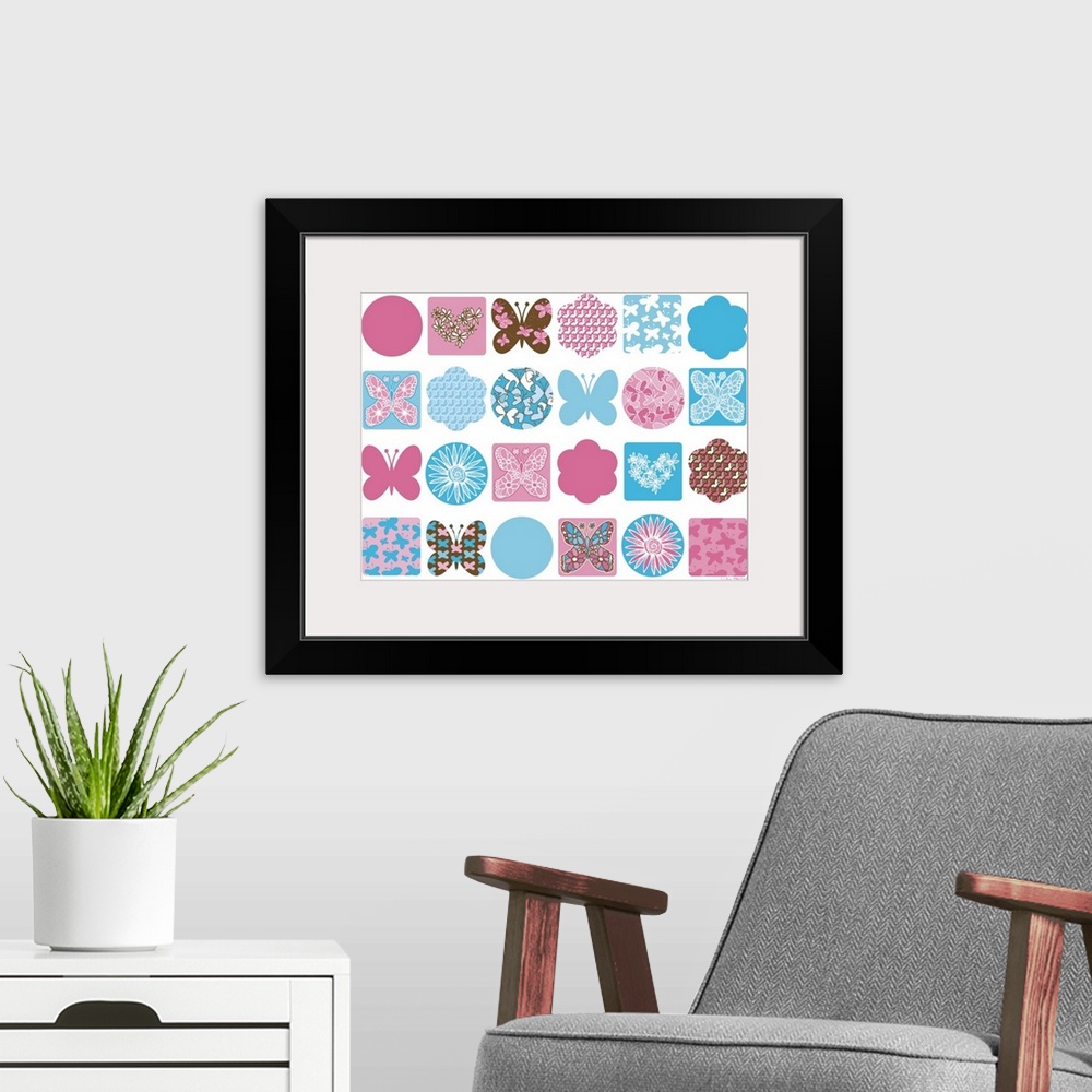 A modern room featuring A graphic group of butterfly and flower icons on a white background.