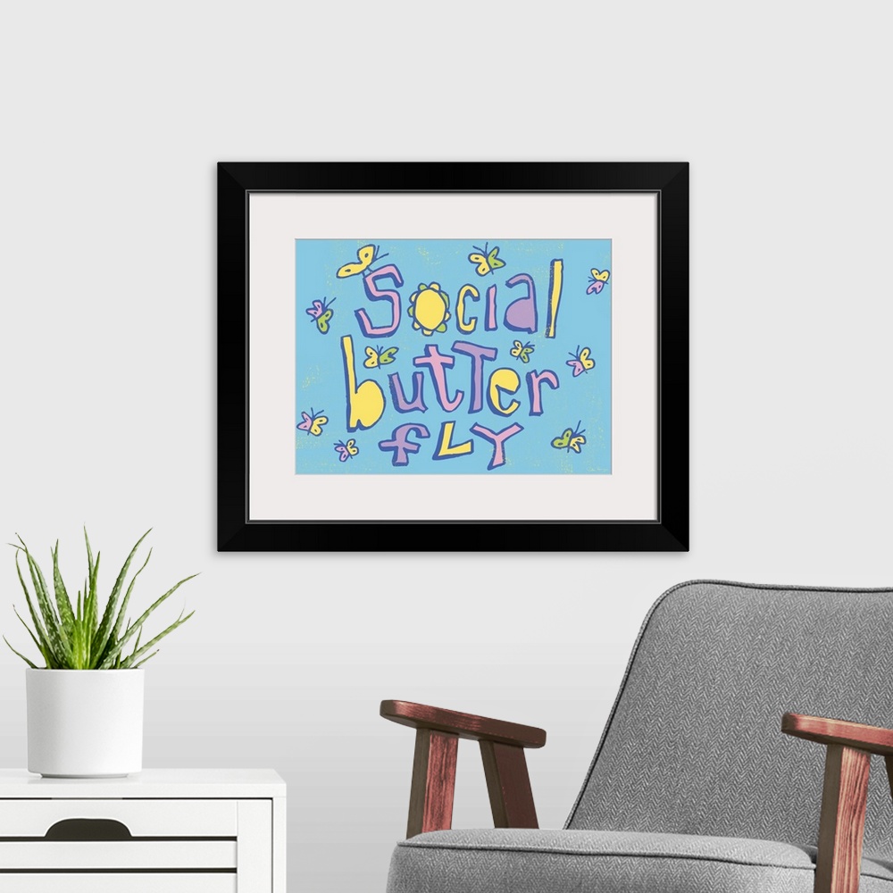 A modern room featuring Pen and Ink illustration artwork of small butterflies hovering all over the phrase "Social Butter...