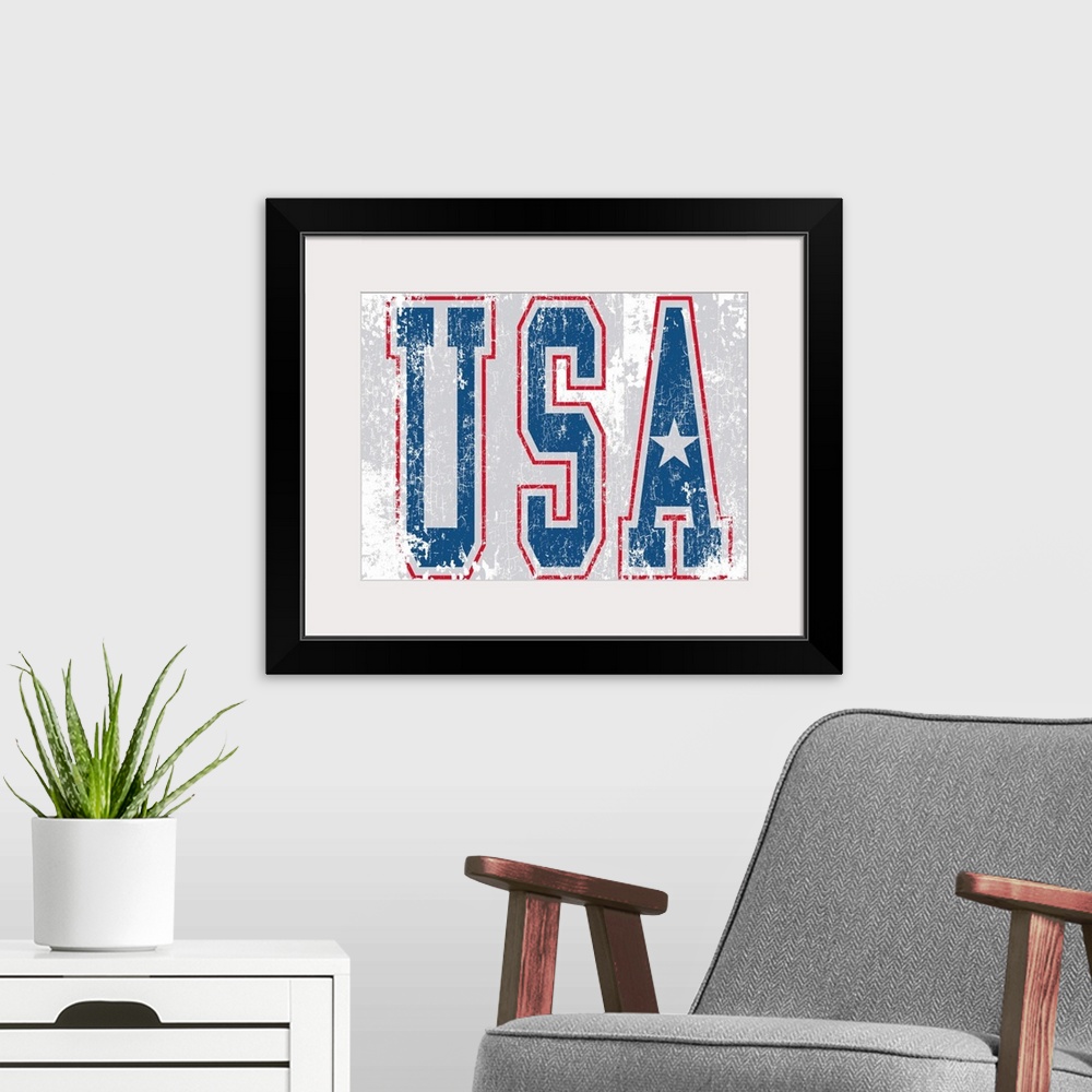A modern room featuring Distressed letters USA in red, white and blue on a white and rust background.