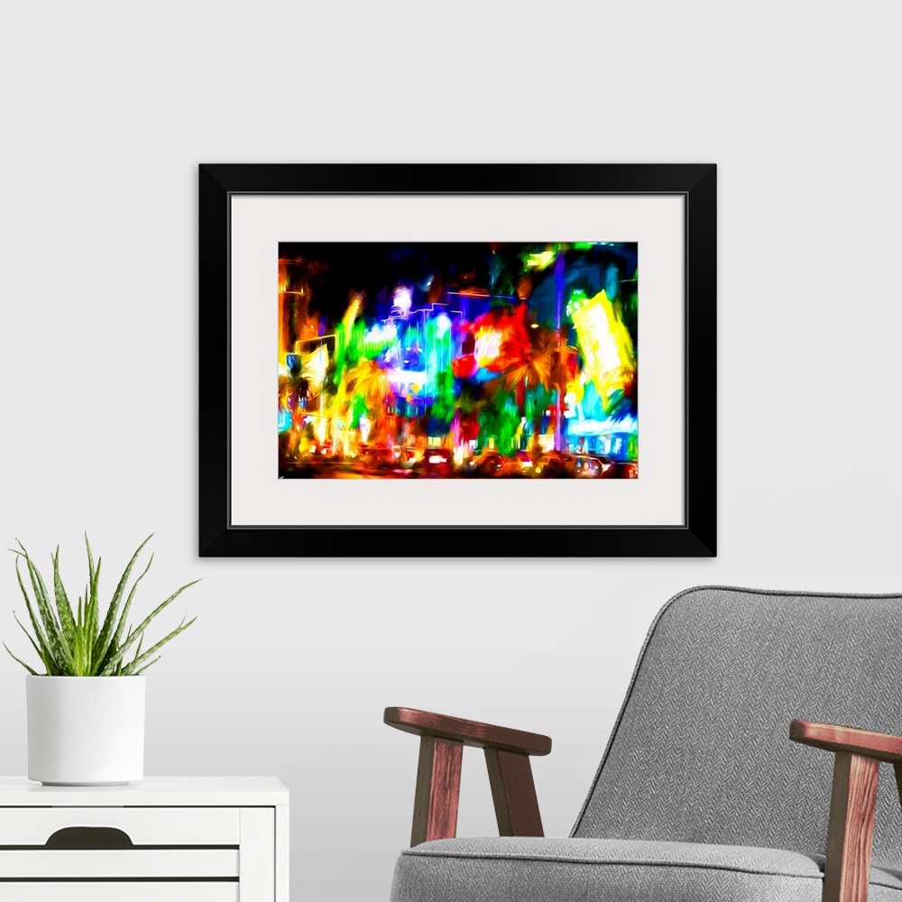 A modern room featuring Photograph with a painterly effect of Las Vegas lit up at night.