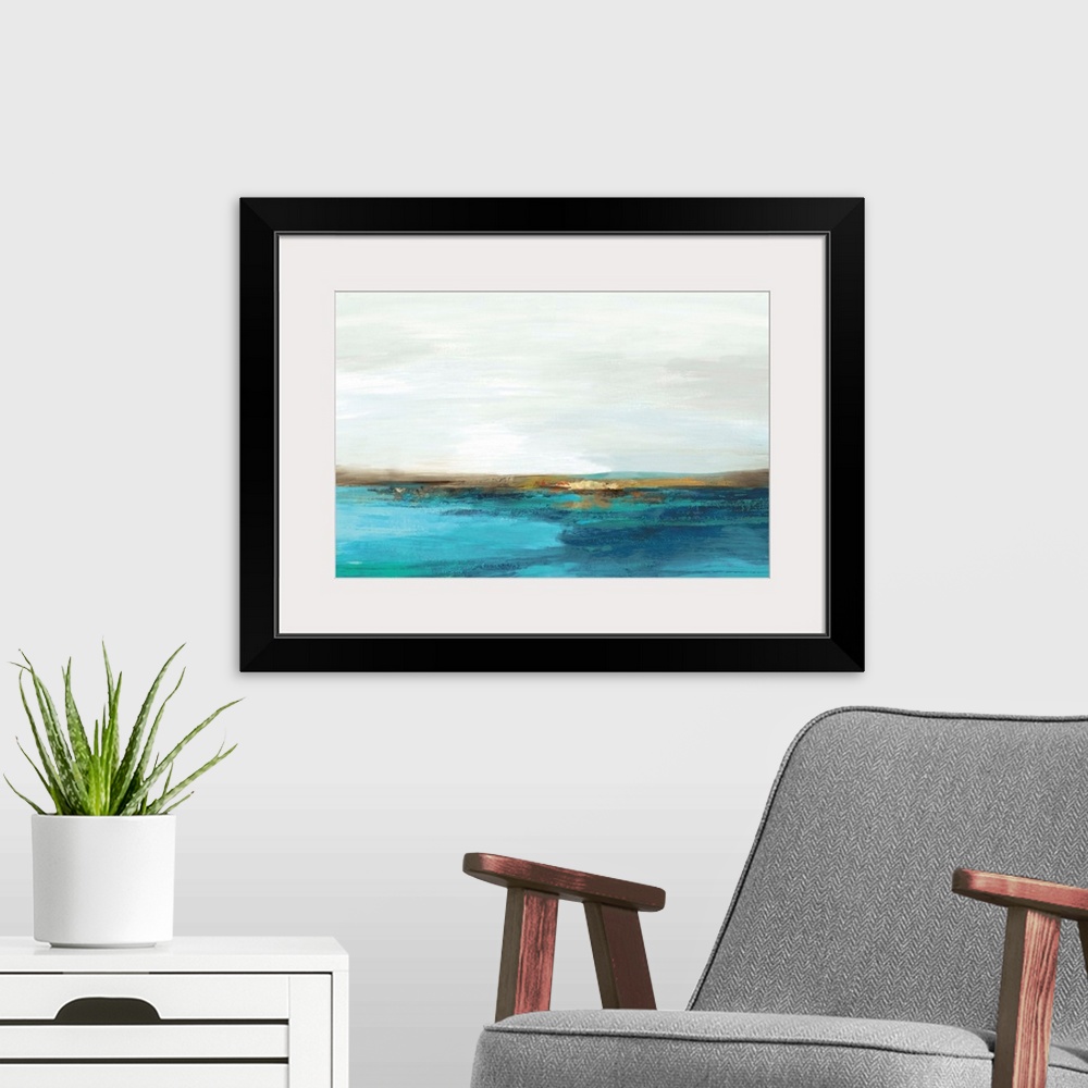 A modern room featuring Abstract painting resembling the horizon on a teal blue field under a white sky.