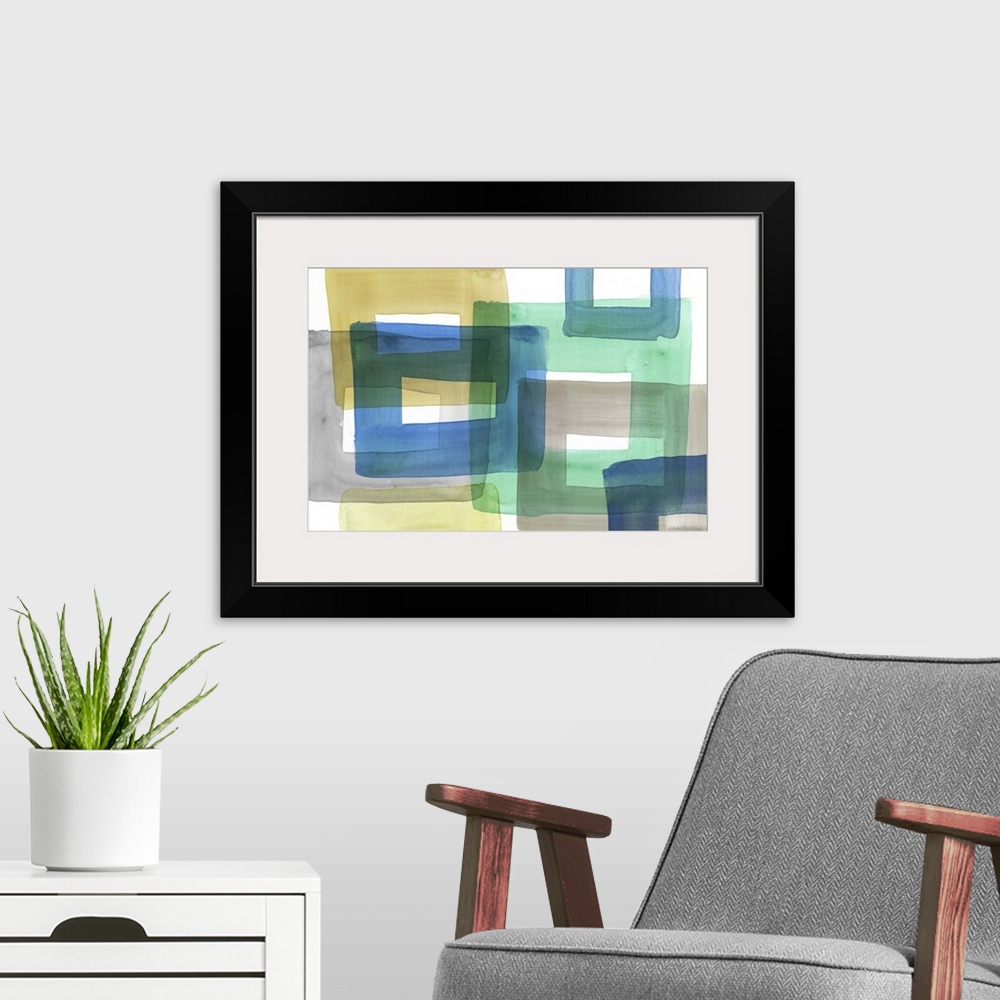A modern room featuring Contemporary abstract home decor art using geometric shapes and vibrant watercolors.