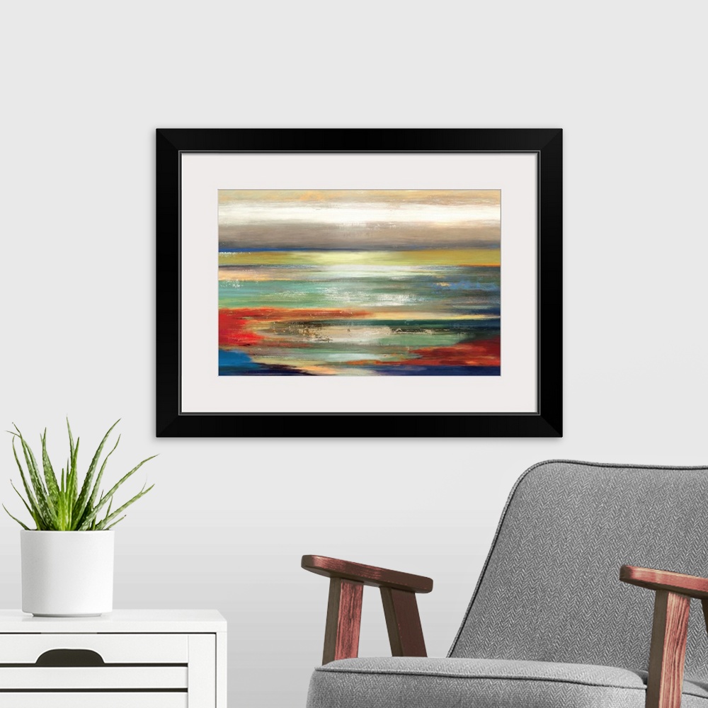 A modern room featuring Contemporary abstract home decor artwork using multi-colored horizontal stripes.