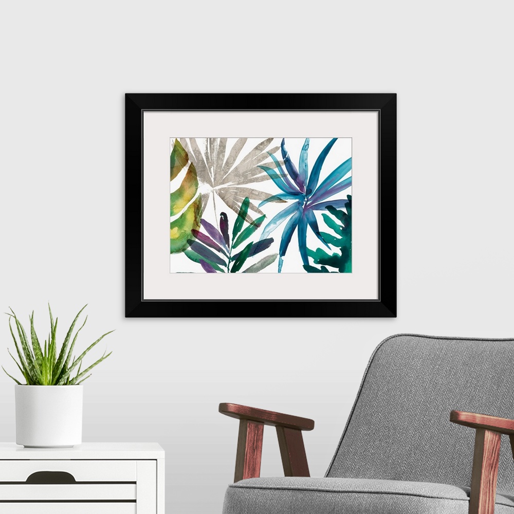 A modern room featuring Watercolor ferns and palm fronds in cool tropical shades.