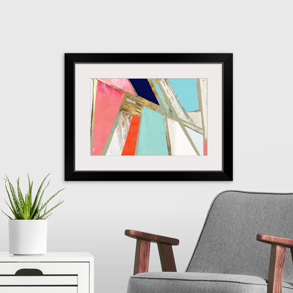 A modern room featuring Contemporary abstract painting in modern teal, pink, and navy colors with gold edges.