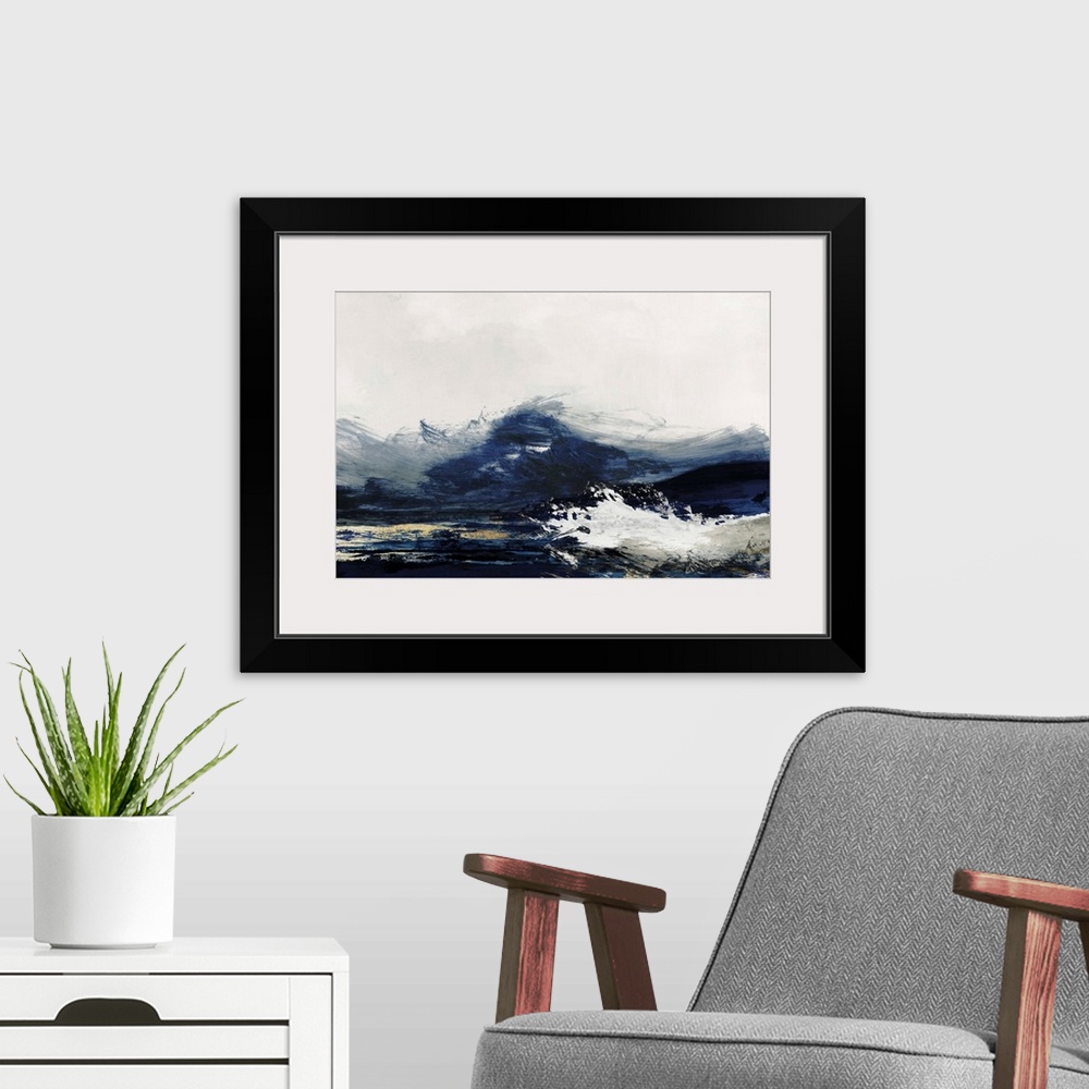A modern room featuring Abstract painting with dark navy blue and white, resembling crashing waves.