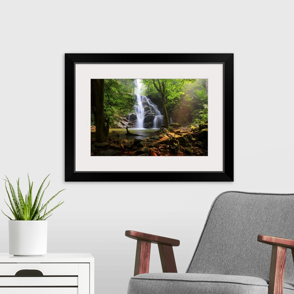 A modern room featuring Photograph of a Malaysian forest with a view of a waterfall falling down over top of rocks.