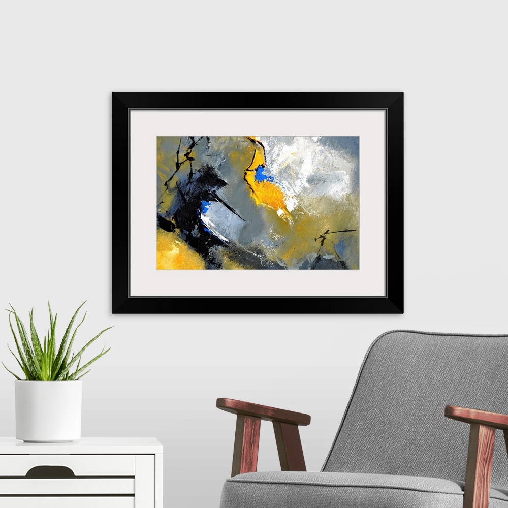 A modern room featuring Abstract painting in textured shades of black, blue, white, gray and yellow with splatters of pai...