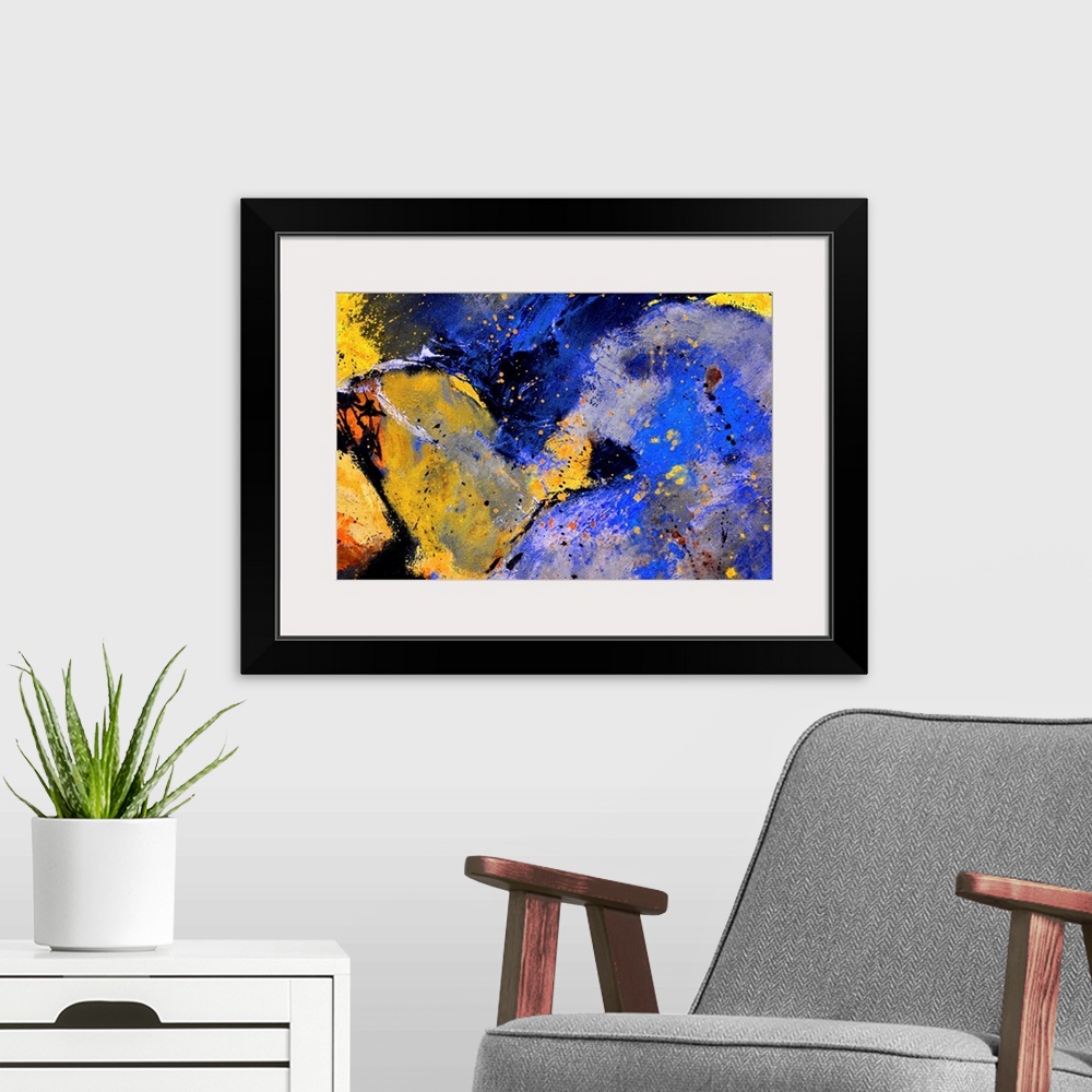 A modern room featuring Abstract painting in dark shades of black, blue, white and yellow with splatters of paint overlap...