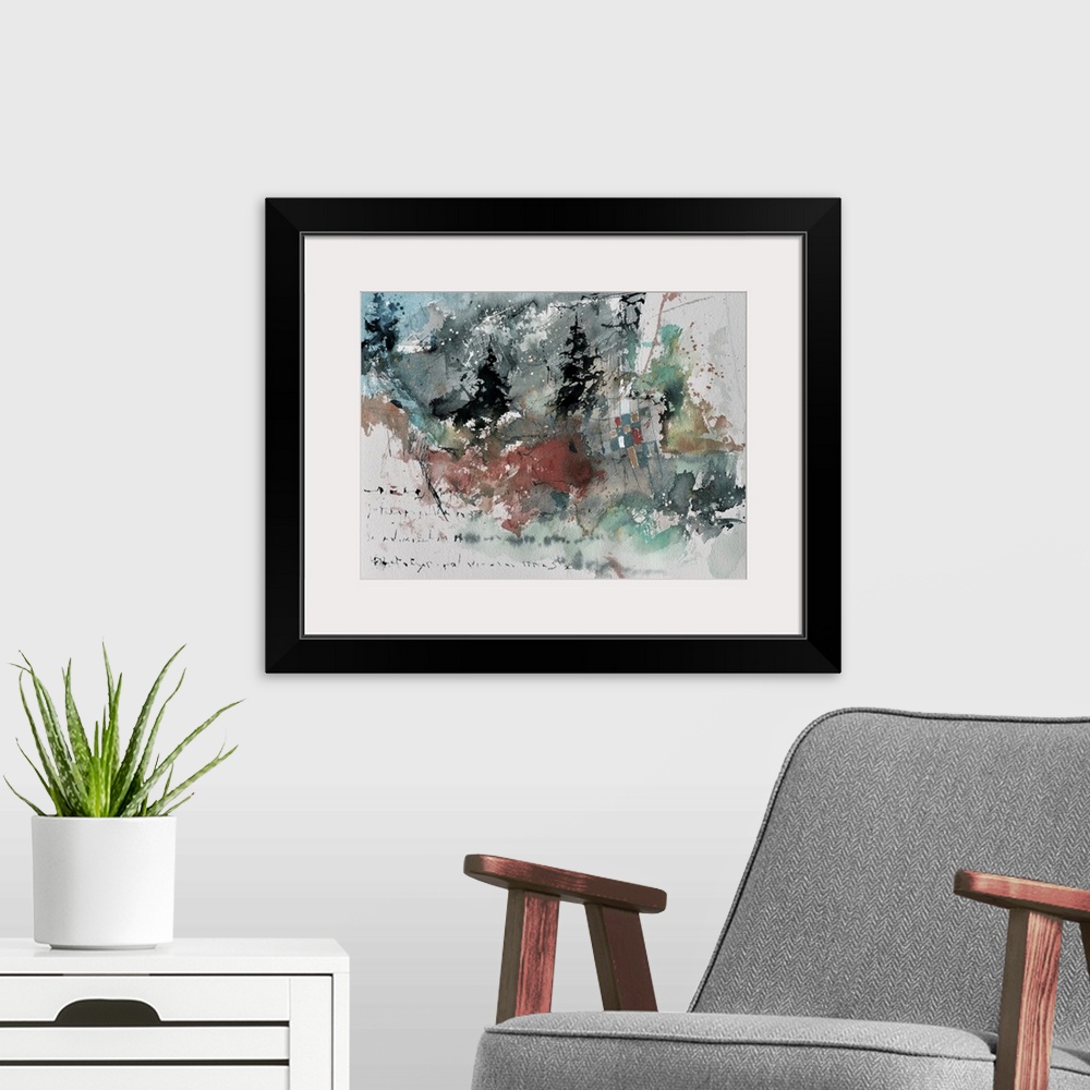 A modern room featuring A watercolor abstract painting in dark shades of black, green, red and yellow with splatters of p...