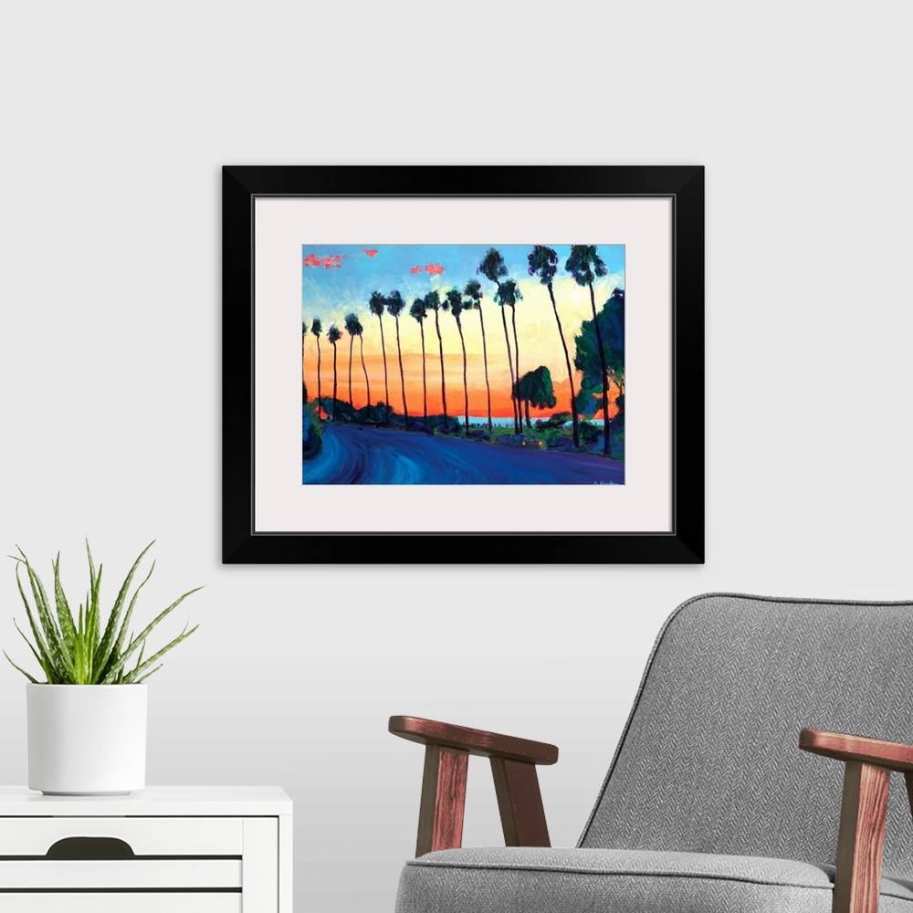 A modern room featuring Painting of Coast Boulevard and Scripps Park at Sunset in La Jolla Cove.