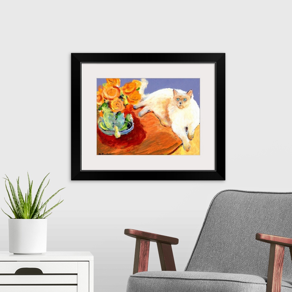 A modern room featuring Cat and Flowers, painting by RD Riccoboni.  This ragdoll cat lounging on a table next to a vase o...