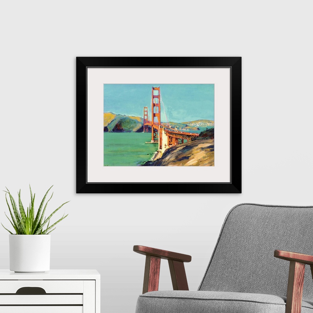 A modern room featuring Landscape painting of the view west of the Golden Gate Bridge in San Francisco, CA.