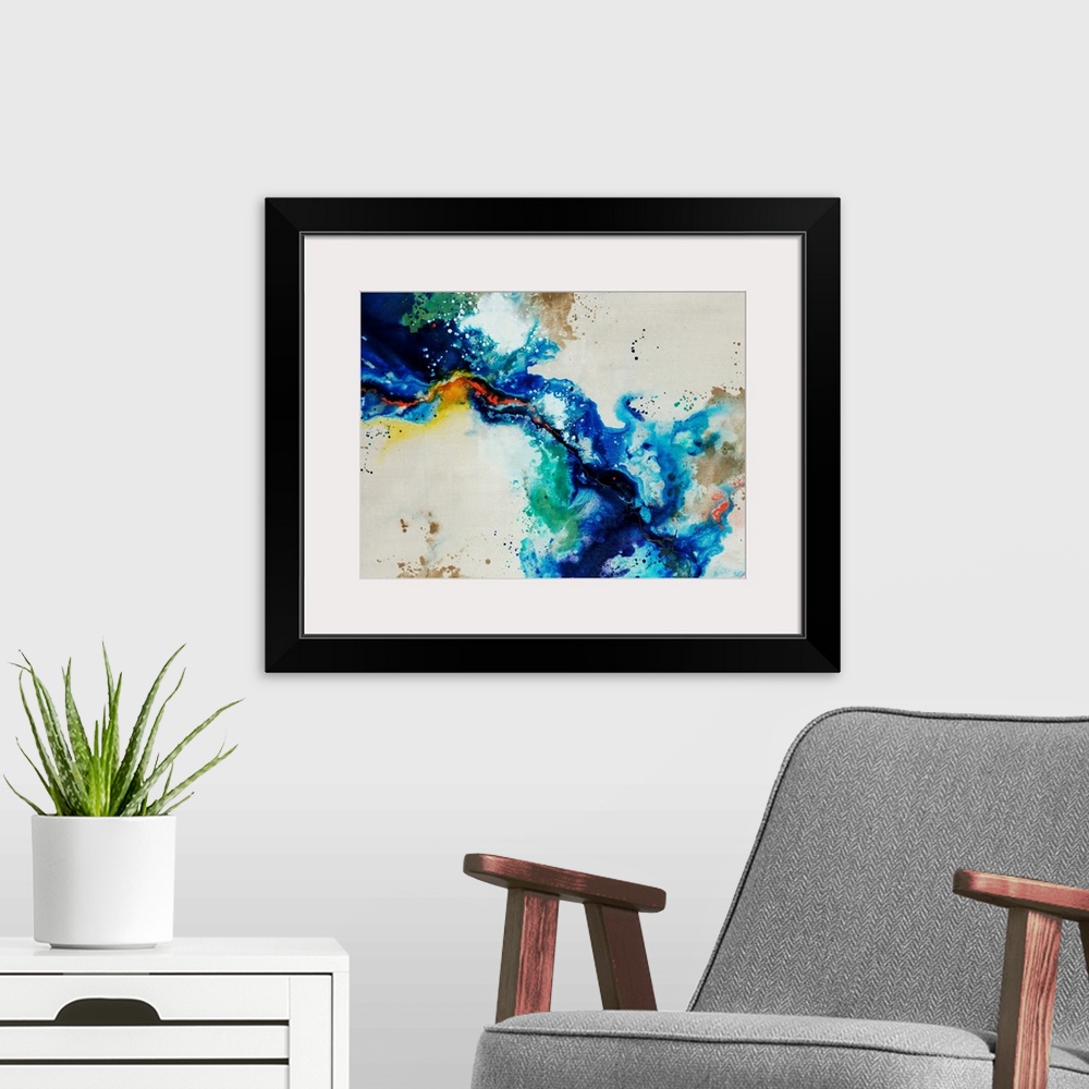A modern room featuring Abstract painting of a fluid blue line over a neutral background adorned with multi-color paint s...