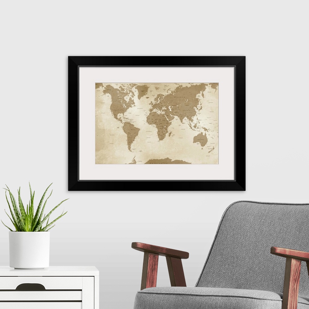 A modern room featuring Sepia toned map of the World with an antique look.